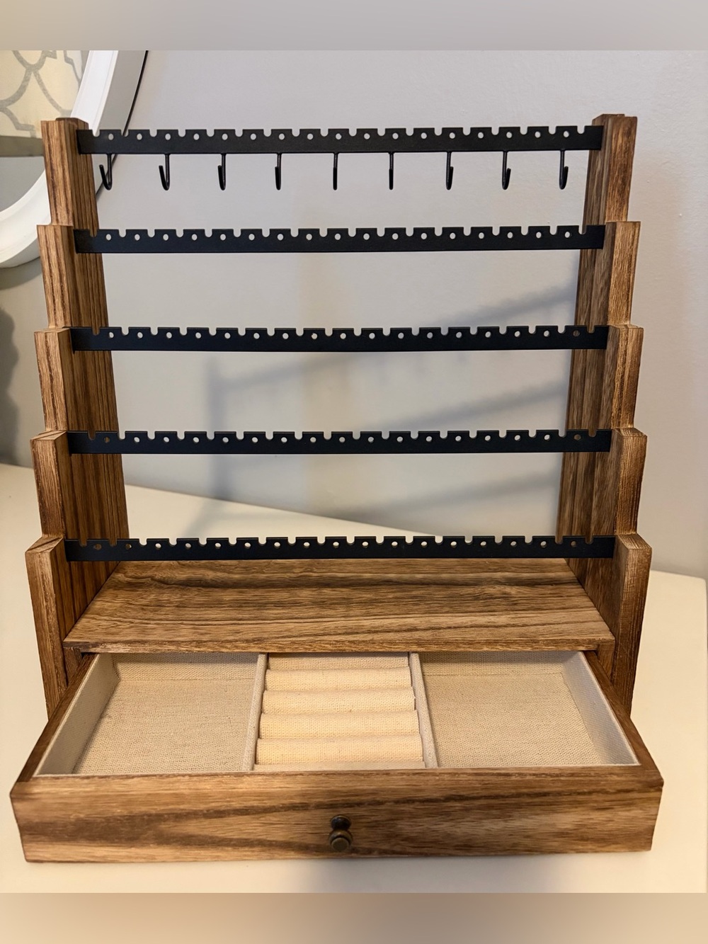 Wood Metal Jewelry Box Organizer Earring Display Ring